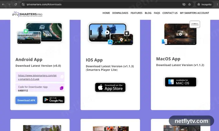 The IPTV Smarters website scrolled down to the Download APK button