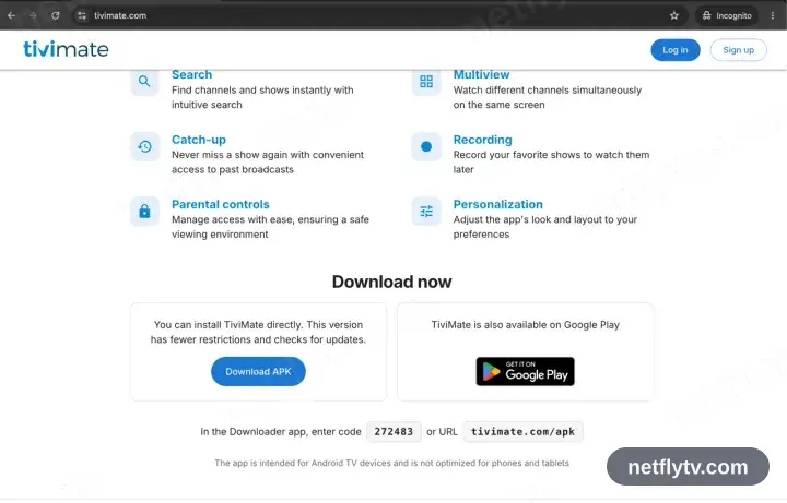The TiviMate website scrolled down to the Google Play and Install APK download buttons