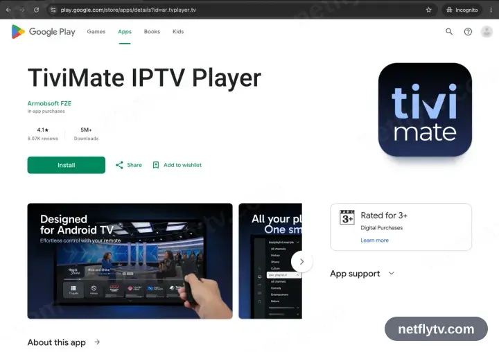 TiviMate on the Google Play store page with the Install button