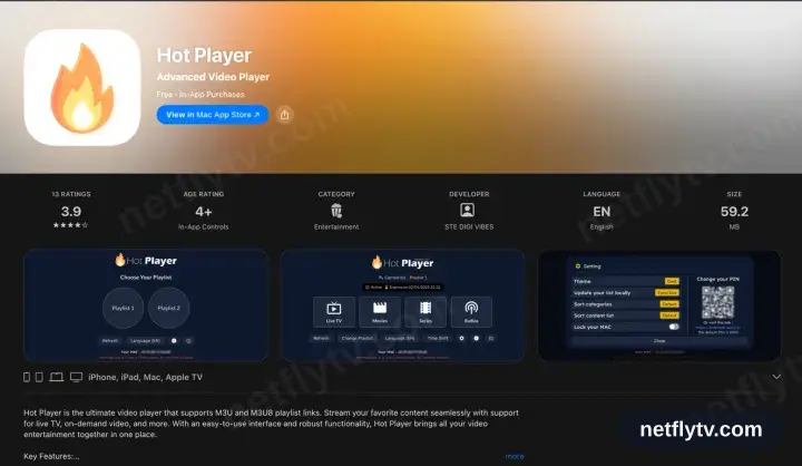 Hot Player on its App Store listing, showing iPhone, iPad, Mac and Apple TV support