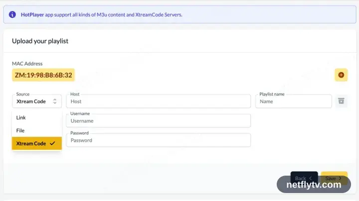 HotPlayer upload page with the Xtream Codes type selected and the server, username and password fields