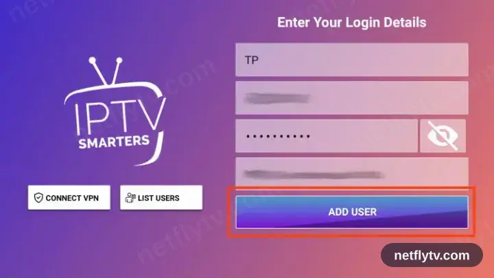 IPTV Smarters Pro Xtream Codes login form with username, password and server URL