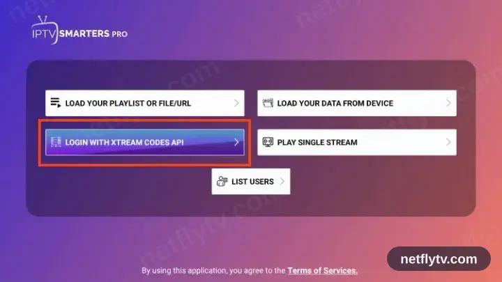 IPTV Smarters Pro welcome screen with Login with Xtream Codes API selected