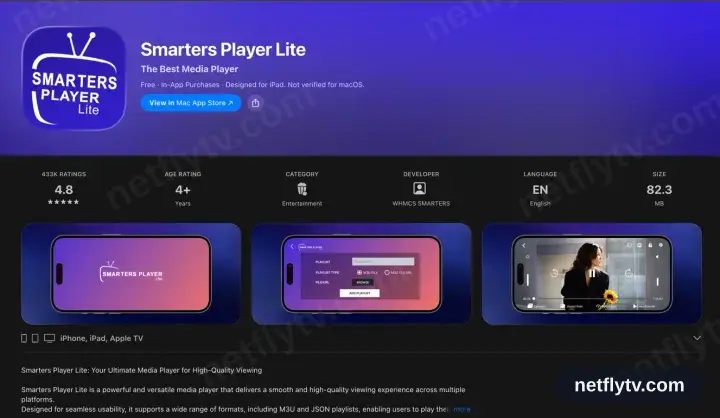 Smarters Player Lite on its App Store listing, showing iPhone, iPad and Apple TV support