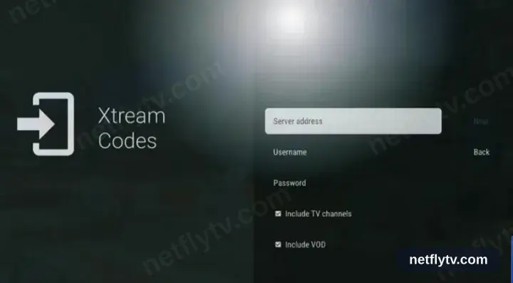 TiviMate Xtream Codes form with server URL, username and password fields