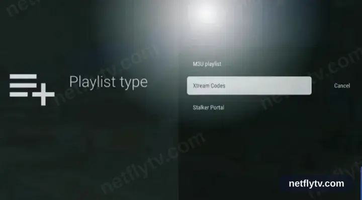 TiviMate playlist type screen with the Xtream Codes option selected