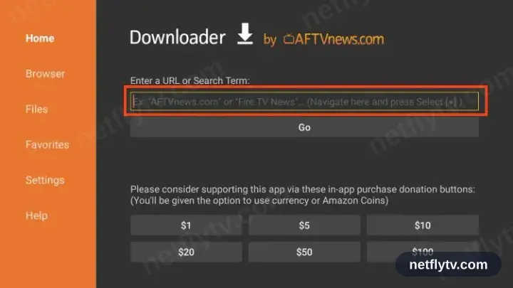 Downloader app with the URL entry field selected