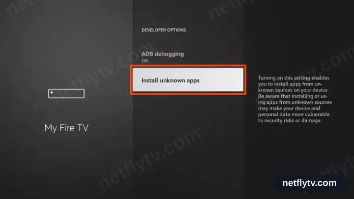 Fire TV Developer options with Install unknown apps selected