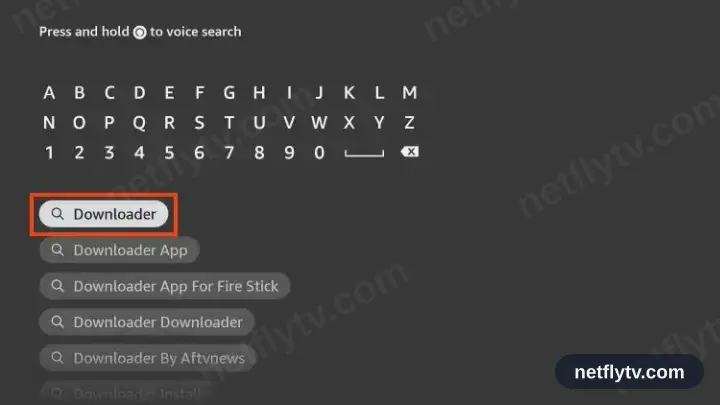 Searching for Downloader on the Fire TV search screen