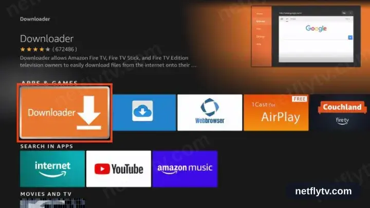 Downloader app shown in the Fire TV search results