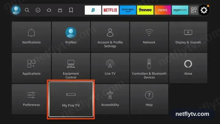 Fire TV Settings menu with My Fire TV selected