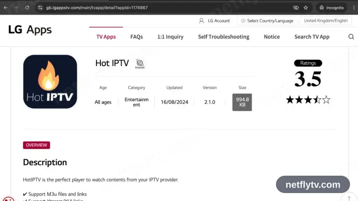 HotPlayer on its LG Content Store page