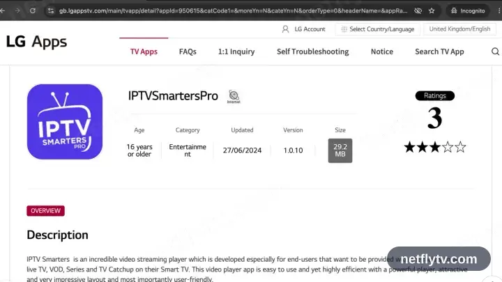 IPTV Smarters Pro on its LG Content Store page