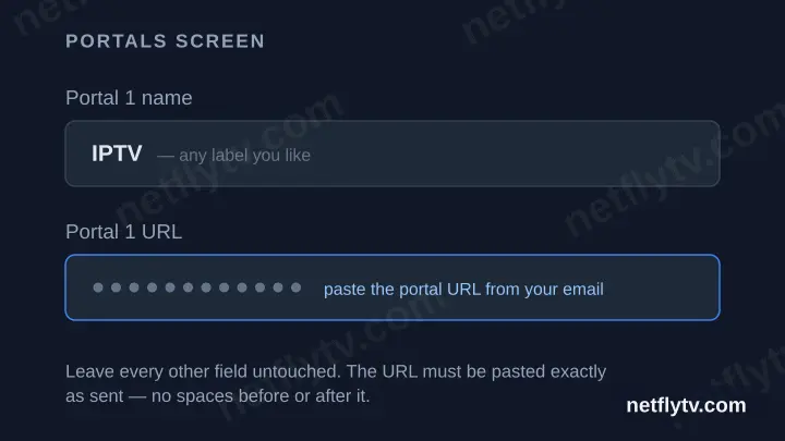 Diagram of the Portals screen showing the Portal 1 name field and the masked Portal 1 URL field.