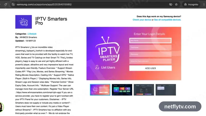 IPTV Smarters Pro on its Samsung Apps store page