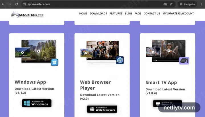 The IPTV Smarters downloads page with the Windows app download button